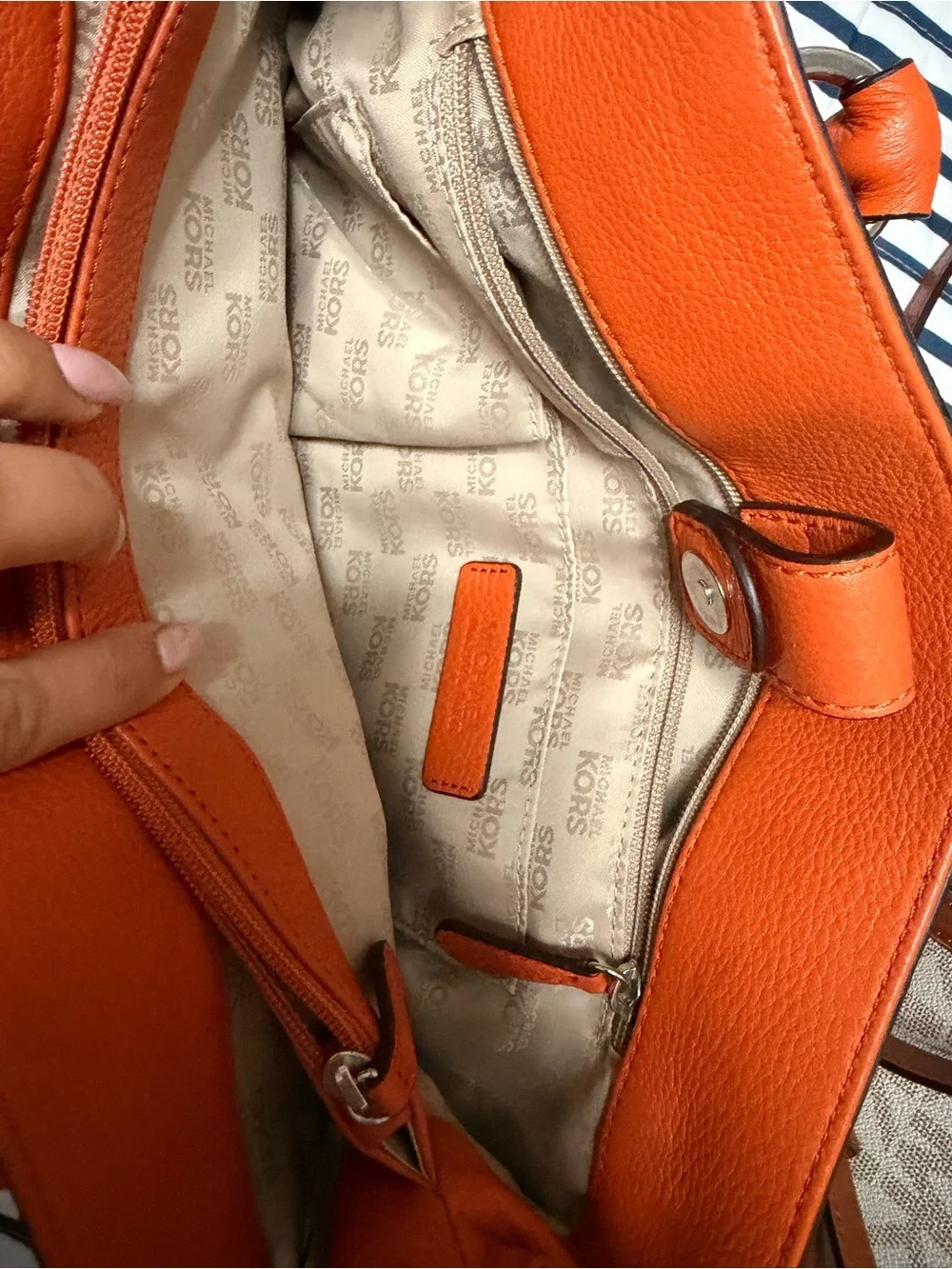 Michael Kors Orange Leather Satchel with Chain-Accent Straps